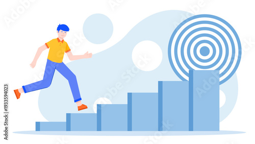A remote employee running up stairs towards a target representing the achievement of weekly sprint goals