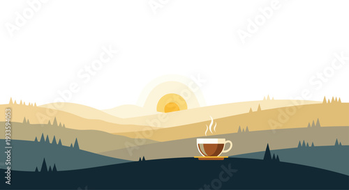 A warm brown coffee cup with visible steam sits on a dark foreground hill against a backdrop of layered pastel mountains and a rising sun.