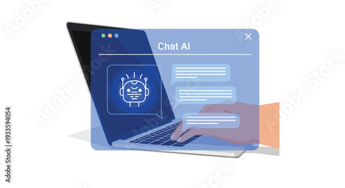 A person's hand types on a dark laptop keyboard, with a translucent blue overlay displaying a Chat AI interface featuring a robot icon and chat bubbles.