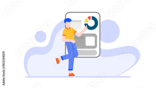 A marketing manager standing in front of a large screen analyzing social media data and performance metrics