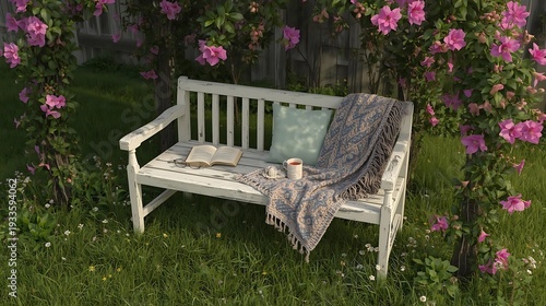 Cozy outdoor reading nook with white bench and pink flowers in garden (