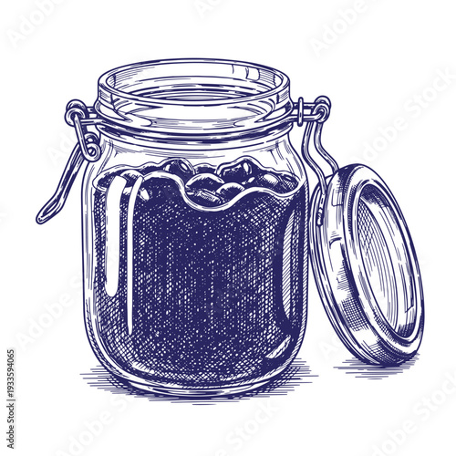 Vintagestyle illustration of a glass jar with a metal clasp lid open filled with dark jam or preserves on white