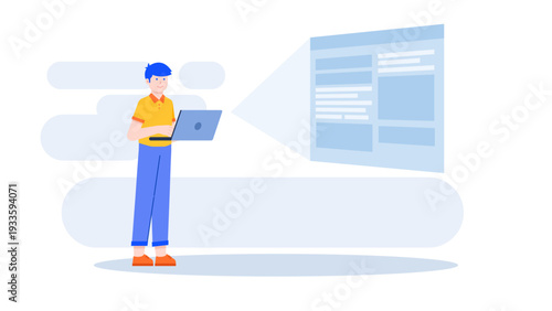 A person holding a laptop while viewing a large projected screen of an online educational learning platform