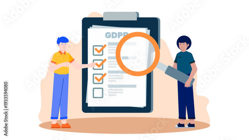 A legal expert using a magnifying glass to inspect a large GDPR compliance checklist on a clipboard