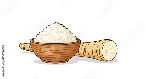 A single light brown horseradish root with a cut end rests beside a wooden bowl overflowing with finely grated white horseradish pieces.