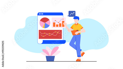 Marketing manager standing next to a large document showing social media analytics and growth charts