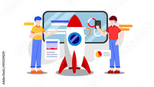 Startup team launching a rocket as a metaphor for a beta version release with charts and data in the background