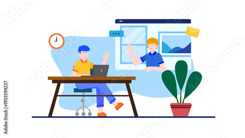 Freelancer sitting at a wooden desk with a laptop waving at a colleague during an online coworking video call session