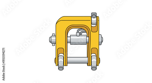 A yellow heavy machinery attachment, featuring a robust U-shaped frame with silver pins and a central hydraulic cylinder, is depicted in a side profile view.