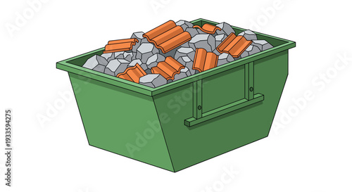 A large, green industrial skip bin is filled to the brim with numerous orange roof tiles and gray concrete rubble against a plain white background.