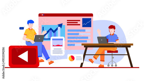 Marketing managers analyzing social media performance and video data on a large dashboard with charts and graphs