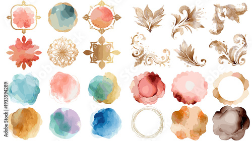 Watercolor abstract stains, gold frames and ornamental flourishes in warm pastel tones. Elegant decorative set for wedding invitations, branding, stationery and luxury packaging.