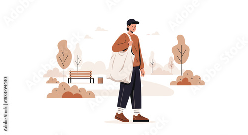 A casually dressed man wearing a cap and brown jacket walks through a stylized park, carrying a large tote bag over his shoulder.