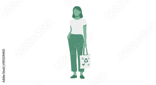 A minimalist illustration portrays a woman standing in a white t-shirt and green pants, holding a white tote bag with a recycling symbol.