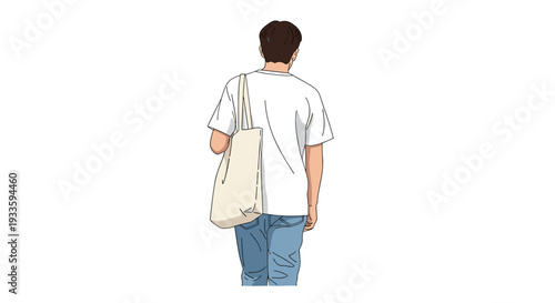 A man is shown from behind, wearing a white t-shirt and blue jeans, carrying a light beige tote bag over his left shoulder.