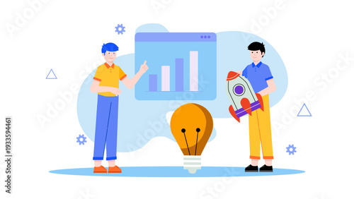 Two professionals presenting a startup growth chart and rocket icon symbolizing a successful beta launch