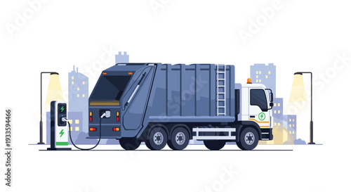 A large grey electric garbage truck is actively charging at a green charging station on a city street with buildings in the background.