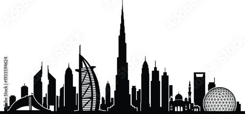 Dubai skyline silhouette featuring Burj Khalifa and iconic landmarks, black and white United Arab Emirates cityscape vector illustration isolated on white background