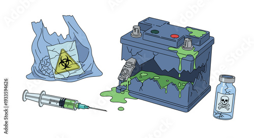 A collection of hazardous waste items, including a broken car battery and a biohazard bag, are displayed on a white surface.