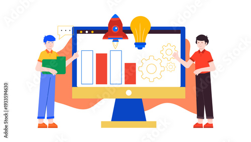 Young startup team members presenting a beta software launch with rocket and lightbulb icons on a desktop monitor