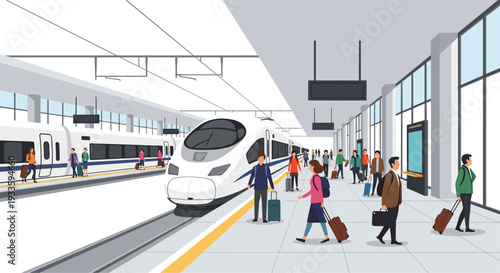 A modern high-speed train is stopped at a busy platform, where numerous passengers with luggage are walking and waiting in a bright, spacious station.