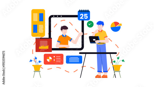 Remote employees conducting a video call to discuss and set weekly sprint goals with various data dashboards