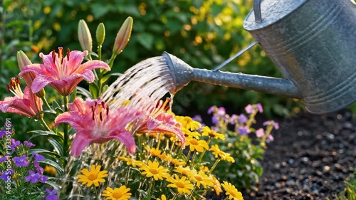 Watering flowers at sunrise: vibrant garden blooms nourished by morning light