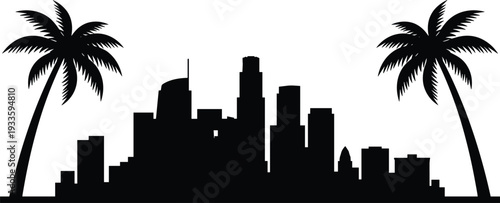 Modern city skyline silhouette with palm trees, tropical urban landscape sunset illustration, black and white metropolitan skyline vector background design