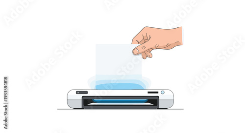 A human hand is carefully inserting a blank sheet of white paper into the top paper tray of a compact inkjet printer.