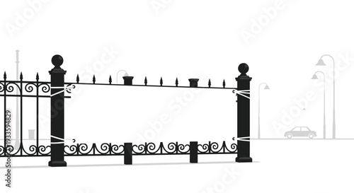 A blank white banner is securely tied to an ornate black metal fence with two prominent posts against a light background.