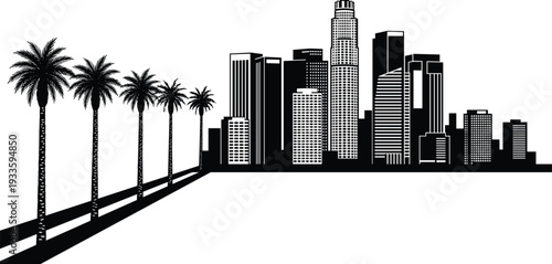 Modern downtown city skyline with palm trees perspective, black and white urban silhouette illustration, tropical metropolitan architecture vector background