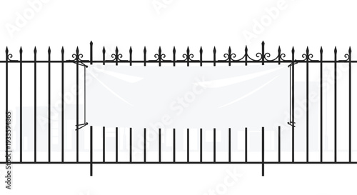 A simple white rectangular banner is tightly stretched and secured across a tall, black metal fence with pointed spikes.