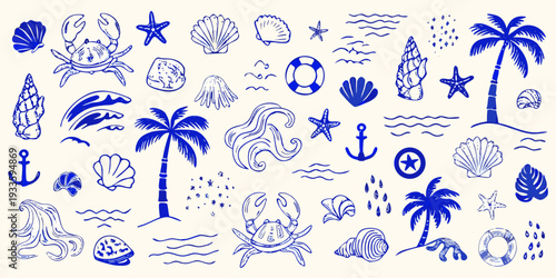 A collection of blue line drawing illustrations featuring marine life and beach items