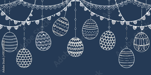 Decorative easter eggs and bunting on a dark blue background