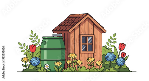A rustic wooden shed with a shingled roof stands beside a green rain barrel, nestled among colorful tulips, blue hydrangeas, and yellow daisies.