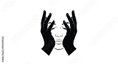 A person's face with closed eyes is partially covered by two large, dark, silhouetted hands against a plain white background.
