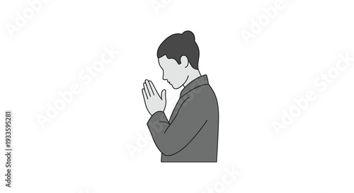 A person in profile with hair in a bun is bowing with hands pressed together in a respectful gesture against a plain white background.