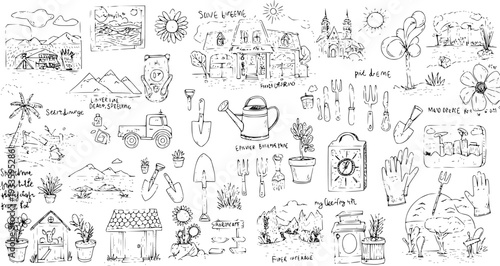 Hand-drawn doodle collection of gardening tools, various nature landscapes, outdoor plants, flowers, rural houses, and elements, perfect for hobby and recreation projects.