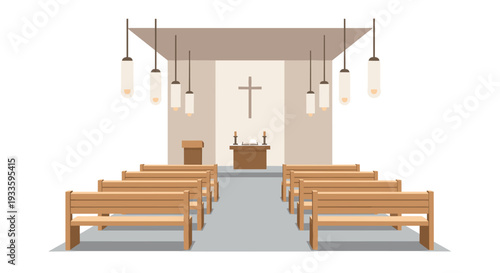 A minimalist church interior features light wooden benches, a simple altar with a cross, candles, and pendant lights under a flat ceiling.