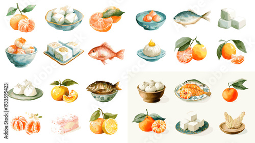 Watercolor Asian food collection with oranges, fish, dumplings, tea and desserts. Hand painted culinary clipart set for menu design, packaging, recipe cards and branding.