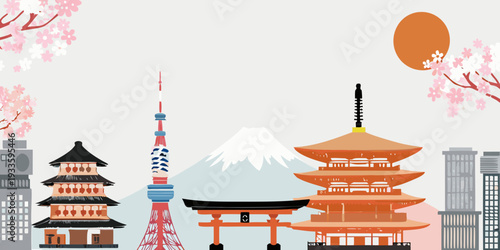 Japanese landmarks with mount fuji and blooming cherry blossoms