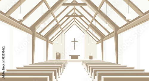 A bright church interior presents long rows of light pews leading to an altar with a cross under a high, vaulted wooden ceiling.