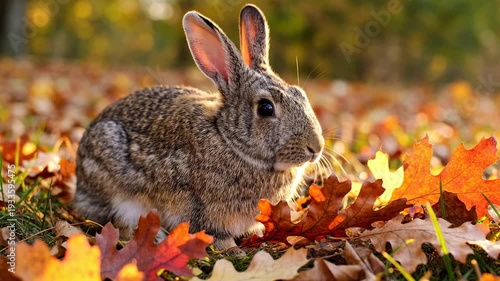 Curious rabbit exploring autumn leaves in sunlit forest setting