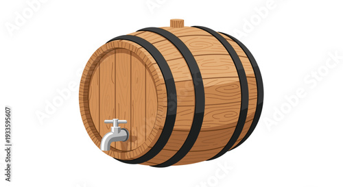 A cartoonish wooden barrel with black bands and a silver spigot is shown upright at an angle against a white background.