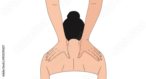 An illustration depicts two hands performing a gentle massage on the upper back and shoulders of a person with dark hair tied in a bun against a white background.