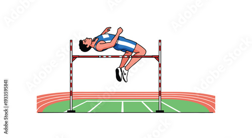 An illustration shows a male athlete in a blue and white uniform performing a high jump over a red and white bar on an athletic track.