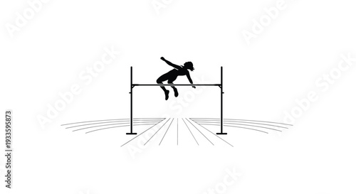 A black silhouette illustration shows a female athlete performing a high jump over a bar, captured mid-air with motion lines on a track.