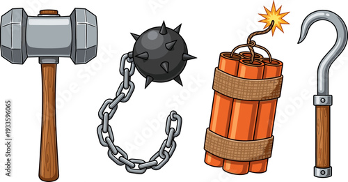 Cartoon weapon set illustration, sledgehammer spiked mace flail dynamite bundle and metal hook, fantasy game tools collection isolated on light background