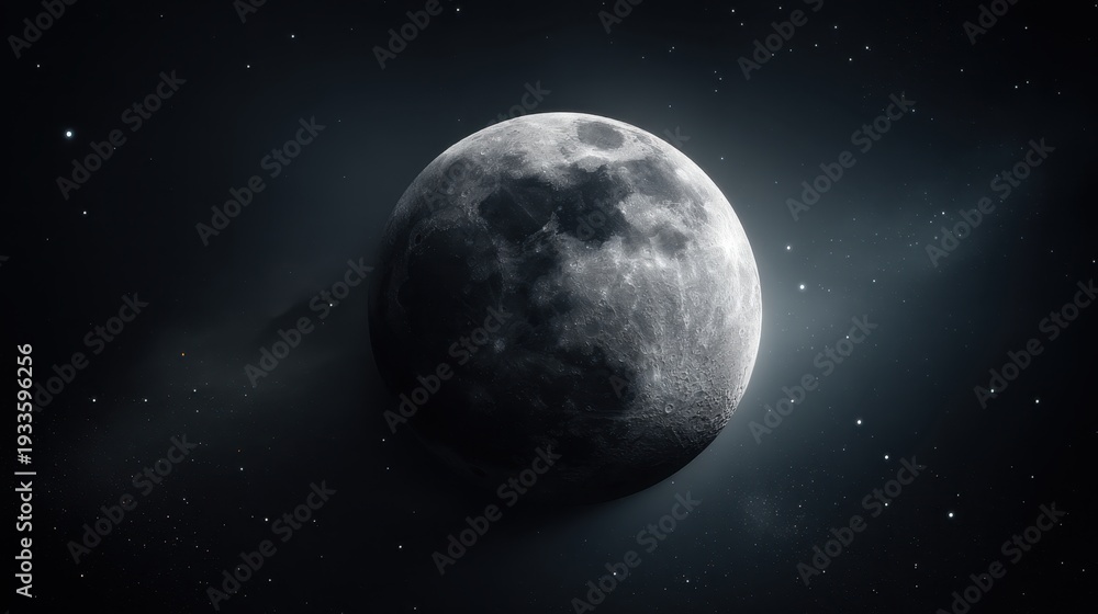 Fototapeta premium Stunning High-Resolution Image of the Moon Surrounded by Stars and Cosmic Dust in a Dark Night Sky, Perfect for Space and Astronomy Themes in Creative Projects