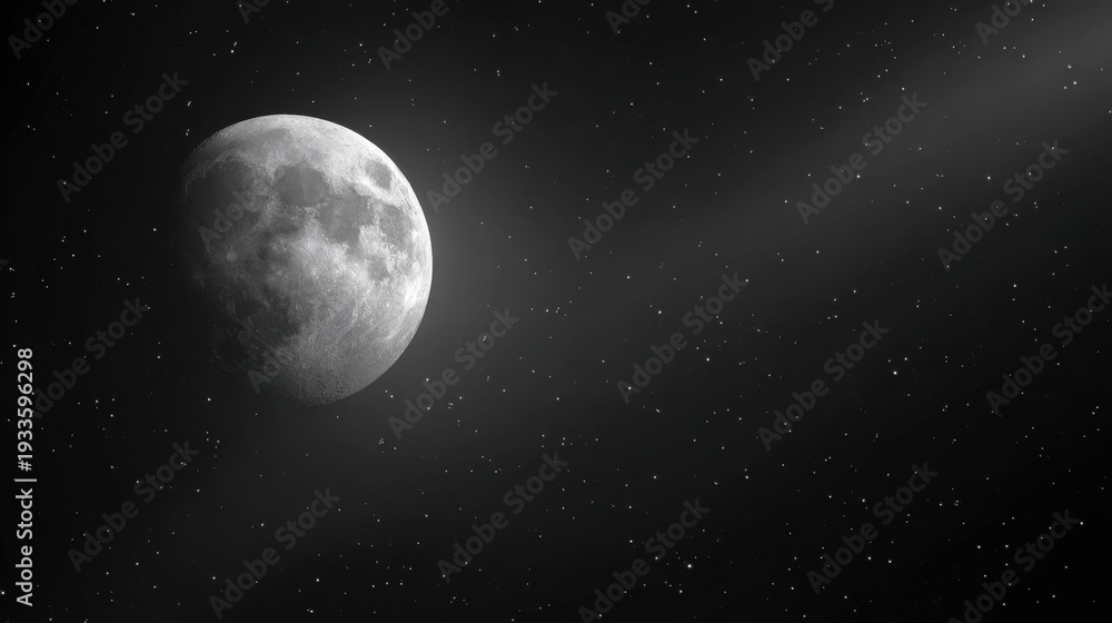 Fototapeta premium Captivating Black and White Imagery of the Moon Surrounded by Twinkling Stars, Evoking a Sense of Wonder and Tranquility in the Night Sky